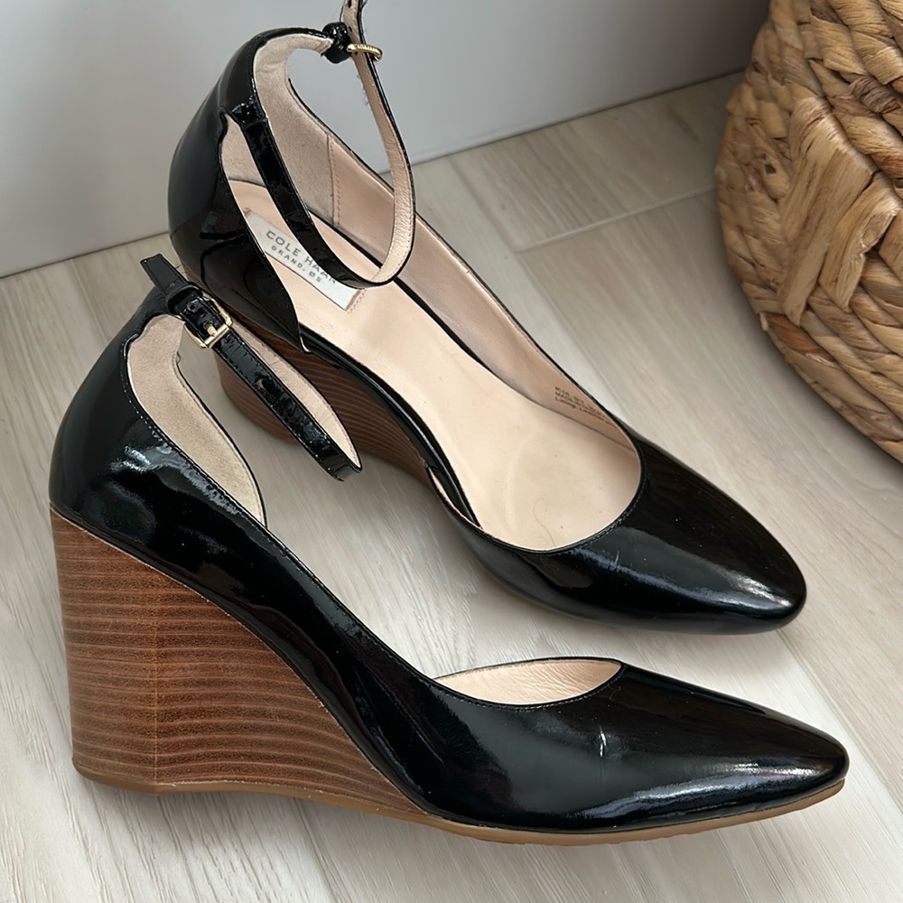 Cole Haan Patent Leather Ankle Strap Wedge Heels size 8 NEW